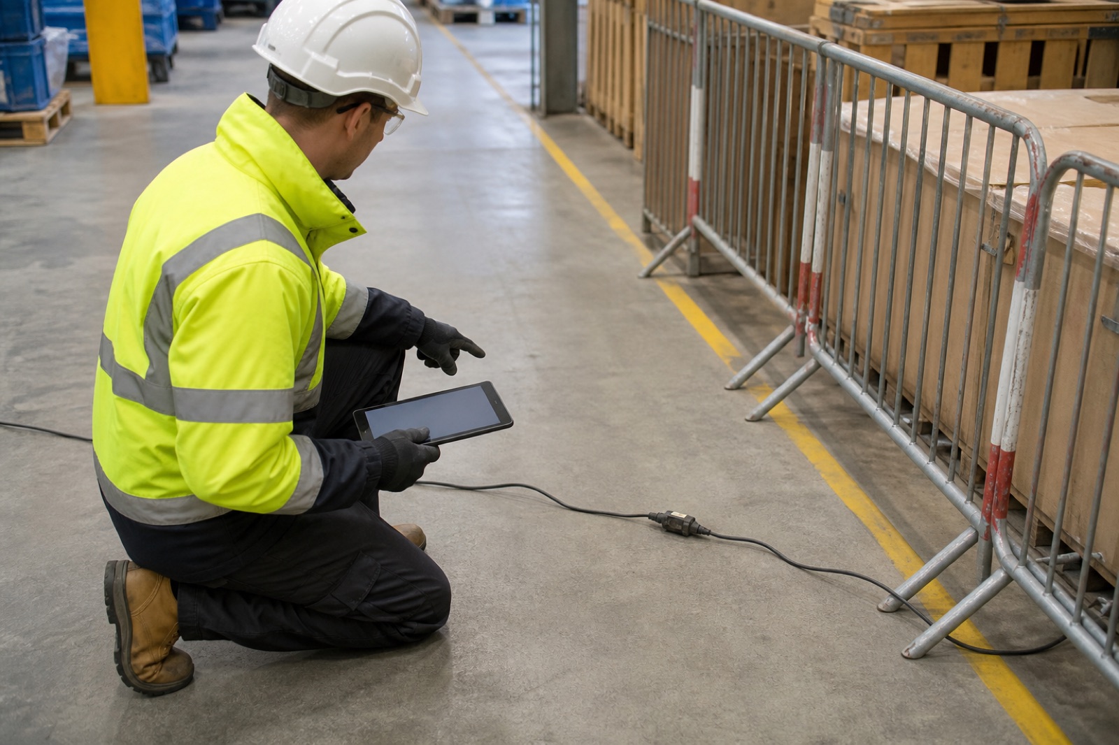 Safety inspector documenting a cable crossing a warehouse walkway